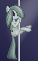 Size: 806x1280 | Tagged: source needed, useless source url, safe, artist:rainbownspeedash, marble pie, earth pony, pony, g4, crossed legs, female, hair over one eye, mare, pole dancing, smiling, solo