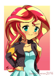 Size: 2480x3508 | Tagged: safe, artist:kateychazuu, sunset shimmer, equestria girls, g4, cleavage, clothes, dress, female, hand on hip, high res, jacket, signature, solo