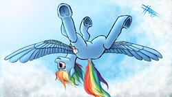 Size: 5000x2812 | Tagged: safe, artist:happygnarwal, rainbow dash, pegasus, pony, g4, cloud, featureless crotch, female, flying, mare, solo, underhoof, upside down