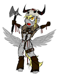 Size: 685x922 | Tagged: safe, artist:magello, derpy hooves, anthro, g4, axe, barbarian, bodypaint, color, female, simple background, skull, solo, weapon