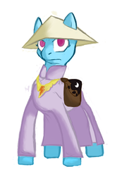 Size: 352x508 | Tagged: safe, artist:magello, rainbow dash, fanfic:austraeoh, g4, asian conical hat, clothes, color, element of loyalty, fanfic art, female, hat, robe, saddle bag, solo