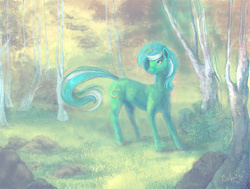 Size: 1000x756 | Tagged: safe, artist:ciabatta, lyra heartstrings, pony, unicorn, g4, clearing, cute, female, forest, prance, solo, sunlight
