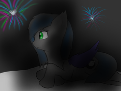 Size: 1600x1200 | Tagged: safe, artist:eclipsepenumbra, oc, oc only, oc:eclipse penumbra, bat pony, pony, cutie mark, female, fireworks, green eyes, new year, night, smiling, snow