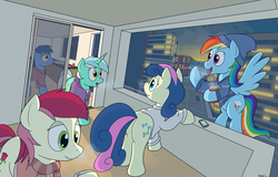 Size: 3056x1953 | Tagged: safe, artist:rapidstrike, blues, bon bon, lyra heartstrings, noteworthy, rainbow dash, roseluck, sweetie drops, g4, city, clothes, loss (meme), phone