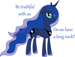 Size: 1658x1265 | Tagged: safe, artist:michdruch, princess luna, alicorn, pony, g4, female, floppy ears, frown, jewelry, long neck, looking at you, mare, open mouth, princess luneck, question, regalia, simple background, solo, talking to viewer, transparent background