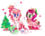 Size: 1024x819 | Tagged: safe, artist:ipun, oc, oc only, oc:cream, oc:gadget, oc:pompom merengue, oc:precious metal, earth pony, pegasus, pony, blushing, chibi, christmas tree, clothes, female, hat, heart, heart eyes, mare, open mouth, present, santa hat, scarf, simple background, smiling, tree, white background, wingding eyes