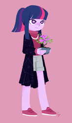 Size: 880x1500 | Tagged: safe, artist:magneticskye, part of a set, twilight sparkle, equestria girls, g4, alternate hairstyle, clothes, female, flower, flower pot, lineless, shorts, simple background, solo