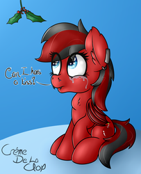 Size: 3250x4000 | Tagged: safe, artist:cremedelaclop, oc, oc only, oc:cherry bomb, bat pony, pony, bat wings, crying, earring, fangs, holly, holly mistaken for mistletoe, piercing, solo, wings