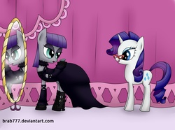 Size: 2457x1824 | Tagged: safe, artist:brab777, boulder (g4), maud pie, rarity, g4, clothes, dress, glasses, goth, mirror