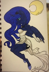 Size: 2234x3225 | Tagged: safe, artist:silentwulv, princess luna, anthro, g4, clothes, dress, female, high res, solo, traditional art