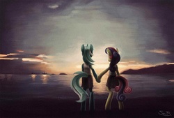 Size: 1500x1012 | Tagged: safe, artist:sunbusting, bon bon, lyra heartstrings, sweetie drops, earth pony, pony, semi-anthro, g4, bipedal, female, holding hooves, lesbian, painting, scenery, ship:lyrabon, shipping