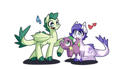 Size: 1280x720 | Tagged: dead source, safe, artist:panyang-panyang, spike, oc, oc:crystal clarity, oc:turquoise blitz, dracony, hybrid, kilalaverse, g4, interspecies offspring, offspring, parent:rarity, parent:spike, parents:sparity, simple background, time paradox, white background