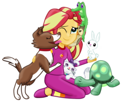 Size: 1023x862 | Tagged: safe, artist:majkashinoda626, angel bunny, gummy, opalescence, owlowiscious, sunset shimmer, tank, winona, equestria girls, g4, clothes, cute, hilarious in hindsight, pajamas, pet, shimmerbetes, simple background, slippers, transparent background