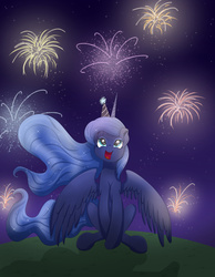 Size: 3500x4500 | Tagged: safe, artist:bratzoid, princess luna, g4, female, fireworks, hat, looking up, new years eve, party hat, sitting, smiling, solo, spread wings