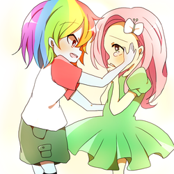 Size: 1000x1000 | Tagged: dead source, safe, artist:lotte, fluttershy, rainbow dash, equestria girls, g4, comforting, crying, younger