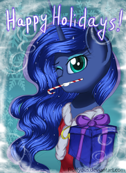 Size: 1636x2248 | Tagged: safe, artist:fluffydus, princess luna, pony, g4, candy, candy cane, christmas, christmas gift, female, food, one eye closed, palindrome get, solo, wink