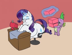 Size: 1280x973 | Tagged: dead source, safe, artist:calorie, rarity, spike, dragon, pony, unicorn, g4, boxes, chubby, fat, feedee, feeder, obese, raritubby, sewing machine, snacks