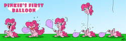 Size: 1024x336 | Tagged: safe, artist:loreto-arts, pinkie pie, earth pony, pony, g4, airhead, balloon, balloon head, blowing up balloons, derp, detachable head, disembodied head, female, headless, inflating, mare, modular, pinkie being pinkie, pinkie physics, solo, wat