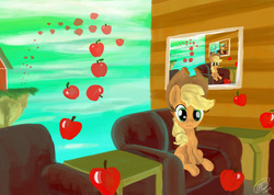 Size: 1024x730 | Tagged: safe, artist:loreto-arts, applejack, earth pony, pony, g4, apple, droste effect, female, food, recursion, solo, surreal, that pony sure does love apples, wat