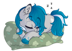 Size: 897x637 | Tagged: safe, artist:frostedpuffs, oc, oc only, oc:will o' wisp, earth pony, pony, female, mare, pillow, sleeping, solo