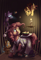 Size: 1000x1440 | Tagged: safe, artist:28gooddays, pinkie pie, pound cake, pumpkin cake, g4, cake, cake twins, candle, clothes, doll, fear, food, hat, nightcap, nightgown, prehensile mane, scared, siblings, toy, twins
