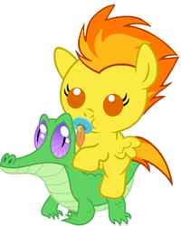 Size: 866x1082 | Tagged: safe, artist:red4567, gummy, spitfire, alligator, pegasus, pony, g4, baby, baby pony, baby spitfire, babyfire, cute, cutefire, female, filly, filly spitfire, pacifier, ponies riding gators, recolor, riding, show accurate, spitfire riding gummy, weapons-grade cute, younger