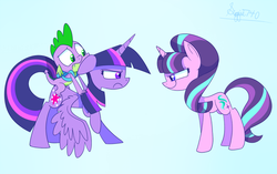 Size: 800x503 | Tagged: safe, artist:siggie740, spike, starlight glimmer, twilight sparkle, alicorn, pony, g4, the cutie re-mark, female, floppy ears, mare, profile, staring ponies, twilight sparkle (alicorn)