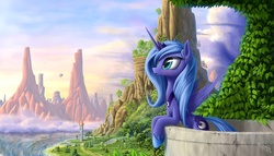 Size: 1944x1111 | Tagged: safe, artist:zigword, edit, princess luna, alicorn, pony, g4, airship, balcony, blushing, crown, female, flipped, hoof shoes, jewelry, mare, ocean, open mouth, regalia, s1 luna, scenery, scenery porn, solo, spread wings