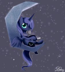 Size: 852x937 | Tagged: safe, artist:solar-slash, edit, princess luna, alicorn, pony, g4, crescent moon, female, gray background, looking at you, mare, missing accessory, moon, peytral, s1 luna, simple background, sitting, sitting on the moon, smiling, solo, stars, tangible heavenly object