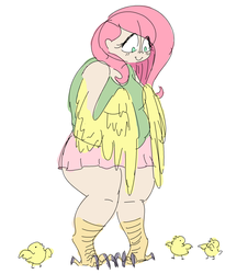 Size: 1280x1417 | Tagged: safe, artist:nobody, fluttershy, chicken, harpy, human, g4, chick, clothes, fat, female, flutterhen, humanized, sketch, solo, species swap, sweater, sweatershy