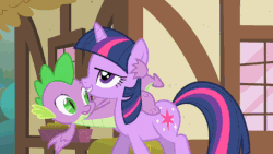 Size: 640x360 | Tagged: safe, edit, edited screencap, screencap, spike, twilight sparkle, dragon, pony, unicorn, feeling pinkie keen, g4, season 1, animated, dragons riding ponies, eyes closed, face, falling, frown, karma, not dtkraus, open mouth, riding, sin of pride, smiling, spike riding twilight, talking, unicorn twilight, wat, wide eyes
