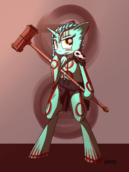 Size: 900x1200 | Tagged: safe, artist:cheshiresdesires, lyra heartstrings, pony, unicorn, semi-anthro, g4, alternate hairstyle, bipedal, bodypaint, clothes, face paint, female, gritted teeth, loincloth, solo, tribal, war hammer, weapon