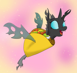 Size: 1020x977 | Tagged: artist needed, safe, oc, oc only, oc:taco, changeling, original species, :d, changelingified, female, food, food changeling, happy, not salmon, solo, species swap, taco, wat