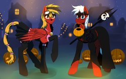 Size: 1280x800 | Tagged: safe, artist:twotail813, oc, oc only, oc:gear, oc:twotail, pegasus, pony, rcf community, brother and sister, clothes, female, goggles, halloween, male, mouth hold, raised hoof, skirt, stockings, tail wrap