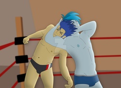 Size: 1600x1163 | Tagged: safe, artist:supermaxx92, flash sentry, thunderbass, equestria girls, g4, armpits, clothes, gay, male, male nipples, nipples, nudity, rocker, sexy, shipping, thunderflash, topless, watermark, wrestling