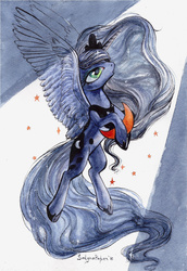 Size: 1024x1485 | Tagged: safe, artist:satynapaper, princess luna, g4, female, moon, solo, spread wings, tangible heavenly object, traditional art, watercolor painting