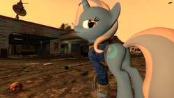 Size: 1920x1080 | Tagged: safe, artist:oudieth, trixie, pony, unicorn, g4, 3d, butt, clothes, crossover, fallout, female, gmod, jumpsuit, mare, pipboy, plot, skull, solo, vault suit