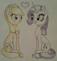 Size: 1536x1642 | Tagged: safe, artist:sherrycherry99, applejack, rarity, g4, female, heart, lesbian, ship:rarijack, shipping