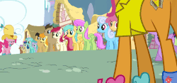 Size: 750x350 | Tagged: safe, screencap, aura (g4), bon bon, carrot top, cheese sandwich, daisy, dizzy twister, doctor whooves, flower wishes, golden delicious, golden harvest, linky, lyra heartstrings, meadow song, merry may, orange swirl, parasol, pinkie pie, roseluck, shoeshine, sunshower raindrops, sweetie drops, time turner, twilight sparkle, alicorn, earth pony, pony, unicorn, g4, pinkie pride, animated, apple family member, butt, eyes closed, female, goof off, graceful, male, mare, open mouth, plot, raised hoof, raised leg, stallion, talking, trotting, twilight sparkle (alicorn), walking