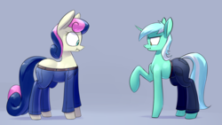 Size: 1920x1080 | Tagged: safe, artist:underpable, bon bon, lyra heartstrings, sweetie drops, g4, :t, belt, blue jeans, clothes, dog pants, frown, glare, jeans, nose wrinkle, pants, raised hoof, scrunchy face, wat, wide eyes