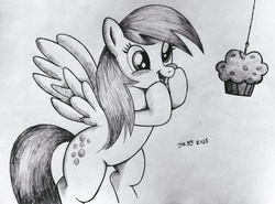 Size: 2337x1727 | Tagged: safe, artist:jagg777, derpy hooves, pegasus, pony, g4, blushing, cute, derpabetes, female, food, hook, mare, monochrome, muffin, solo