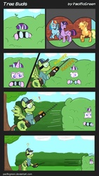 Size: 671x1192 | Tagged: safe, artist:pacificgreen, applejack, douglas spruce, evergreen, rainbow dash, starlight glimmer, twilight sparkle, alicorn, earth pony, pegasus, pony, unicorn, comic:tree buds, g4, what about discord?, applejack's hat, binoculars, bush, bushicorn, cowboy hat, eyes closed, female, goggles, hat, hedge, hiding, male, mare, question mark, stallion, starlight stalker, tree, trimmer, twilight sparkle (alicorn)