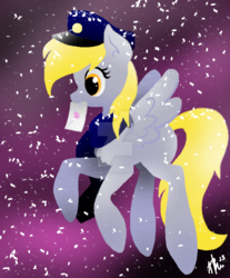 Size: 1024x1235 | Tagged: safe, artist:zombies8mywaffle, derpy hooves, pegasus, pony, g4, clothes, female, flying, mail, mare, mouth hold, scarf, snow, snowfall, solo, watermark