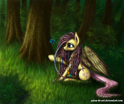 Size: 1728x1454 | Tagged: safe, artist:spear-he-art, fluttershy, butterfly, pegasus, pony, g4, braid, charm, dreadlocks, female, forest, hippie, hippieshy, hoofband, looking at something, necklace, profile, raised hoof, sitting, smiling, solo, spread wings, tree, wings
