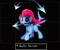 Size: 1438x1200 | Tagged: safe, artist:scootiebloom, pony, mouth hold, ponified, solo, spear, undertale, undyne, weapon