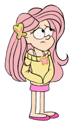 Size: 1752x3000 | Tagged: safe, artist:labronie, fluttershy, human, g4, barrette, clothes, crossover, female, gravity falls, humanized, looking away, male, off shoulder, simple background, solo, style emulation, sweater, sweatershy, transparent background
