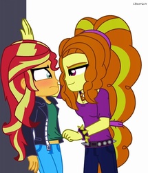 Size: 600x699 | Tagged: safe, artist:php198, adagio dazzle, sunset shimmer, equestria girls, g4, blushing, clothes, female, kabedon, lesbian, midriff, ship:sunsagio, shipping, shirt, shirt lift