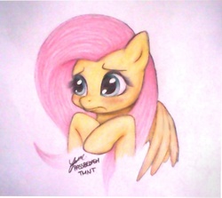 Size: 764x680 | Tagged: safe, artist:rassbedashtmnt, fluttershy, g4, bust, female, folded forelegs, looking at something, simple background, solo