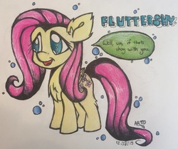 Size: 1024x858 | Tagged: safe, artist:a-cardinals-wing, fluttershy, g4, female, folded wings, looking at something, name, solo, speech bubble, standing, traditional art