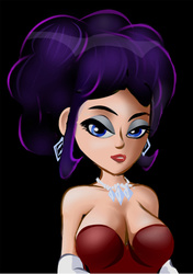 Size: 487x690 | Tagged: safe, artist:ltrm35a2, rarity, human, g4, alternate hairstyle, bedroom eyes, breasts, bust, busty rarity, cleavage, earring, female, humanized, lipstick, looking at you, necklace, piercing, red dress, solo